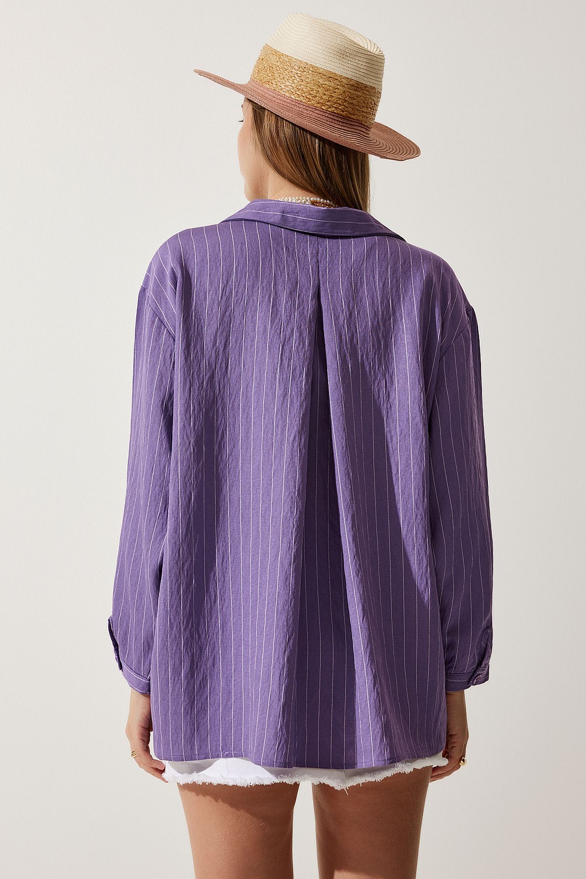 Happiness İstanbul-Women's Purple Striped Pocket Viscose Shirt DE00030 5