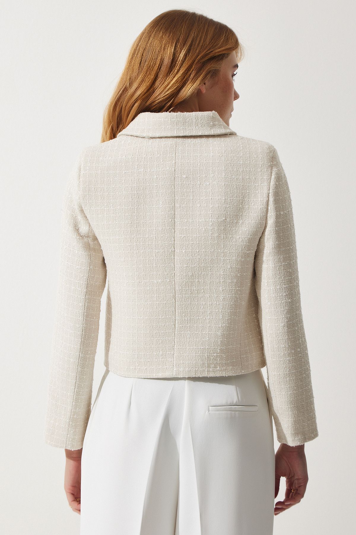 Happiness İstanbul-Kurzer Tweed-Blazer für Damen in Knochenform, TO00039 5