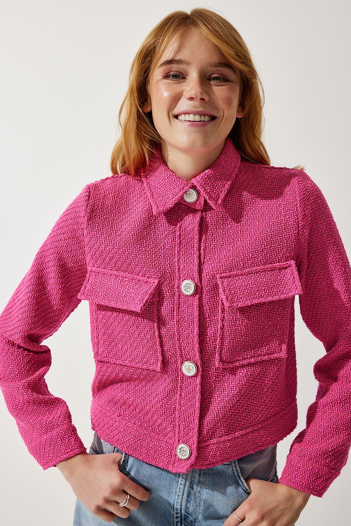 Happiness İstanbul Stilvolle, Geknöpfte, Gewebte Tweedjacke In Rosa Mit Taschen für Damen - 40