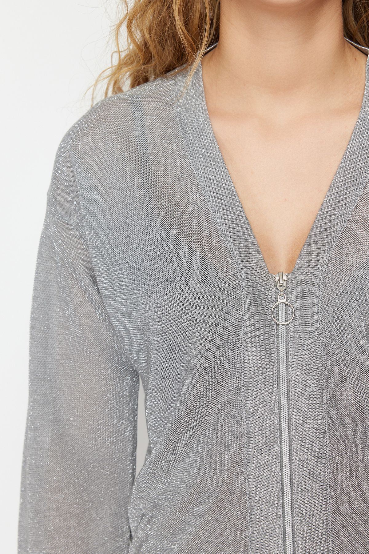 Trendyol Collection-Ασημί διάφανη εμφάνιση Ασημί Ποιότητας Ζακέτα TWOSS24HI00008 5