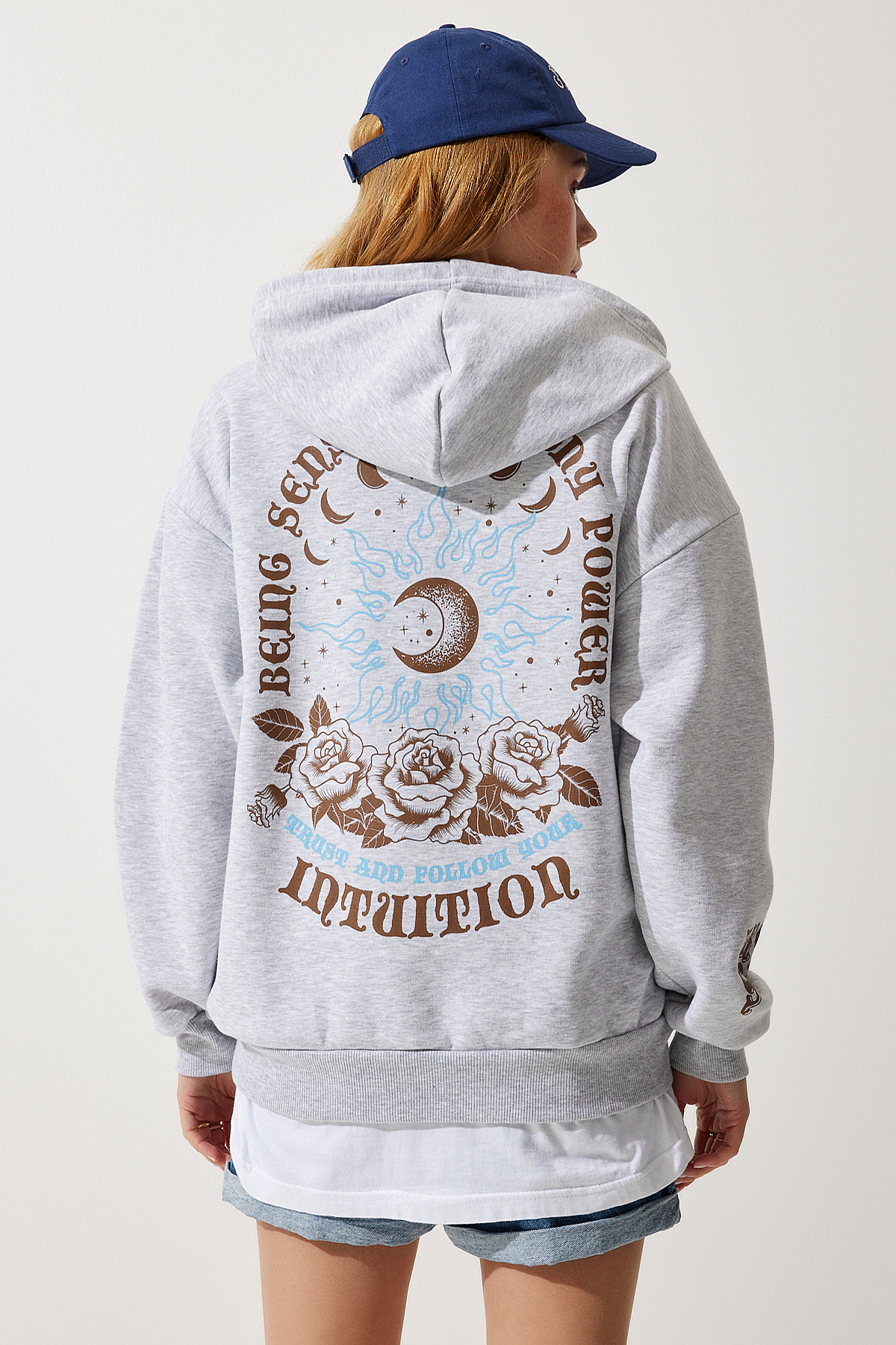 Happiness İstanbul  Kadın Gri Kapüşonlu Şardonlu Örme Sweatshirt UB00251 - Görsel 7
