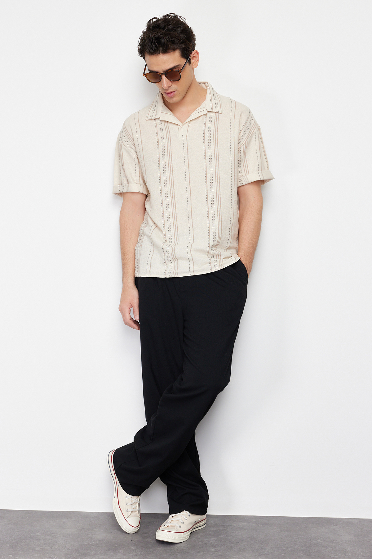 Trendyol Collection-Напівпальто в смужку екрю Regular Fit Gomlek TMNSS24GO00045 3