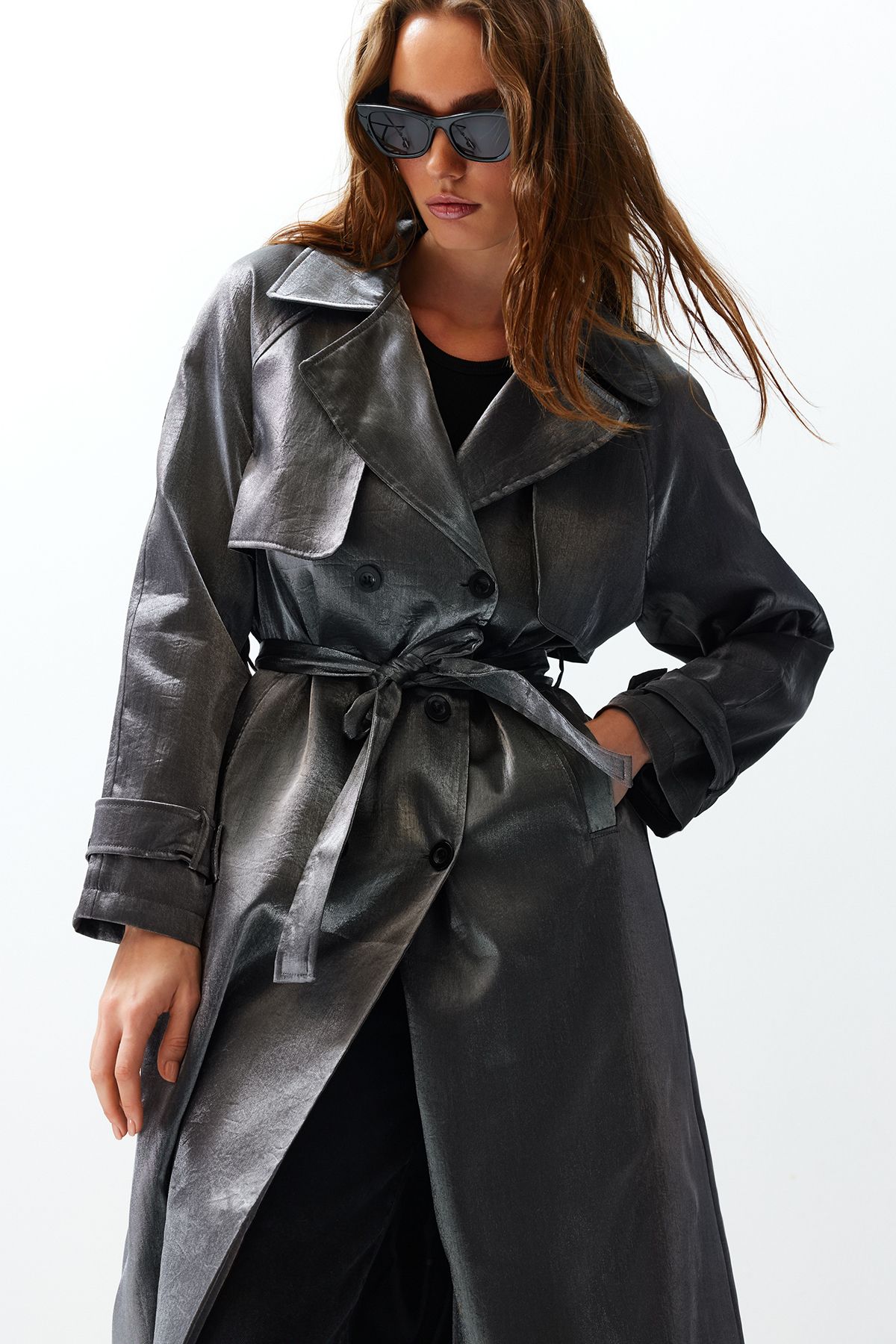 Trendyol Collection-Anthracite Oversize Wide Cut Belted Trench Coat TWOSS24TR00010 3