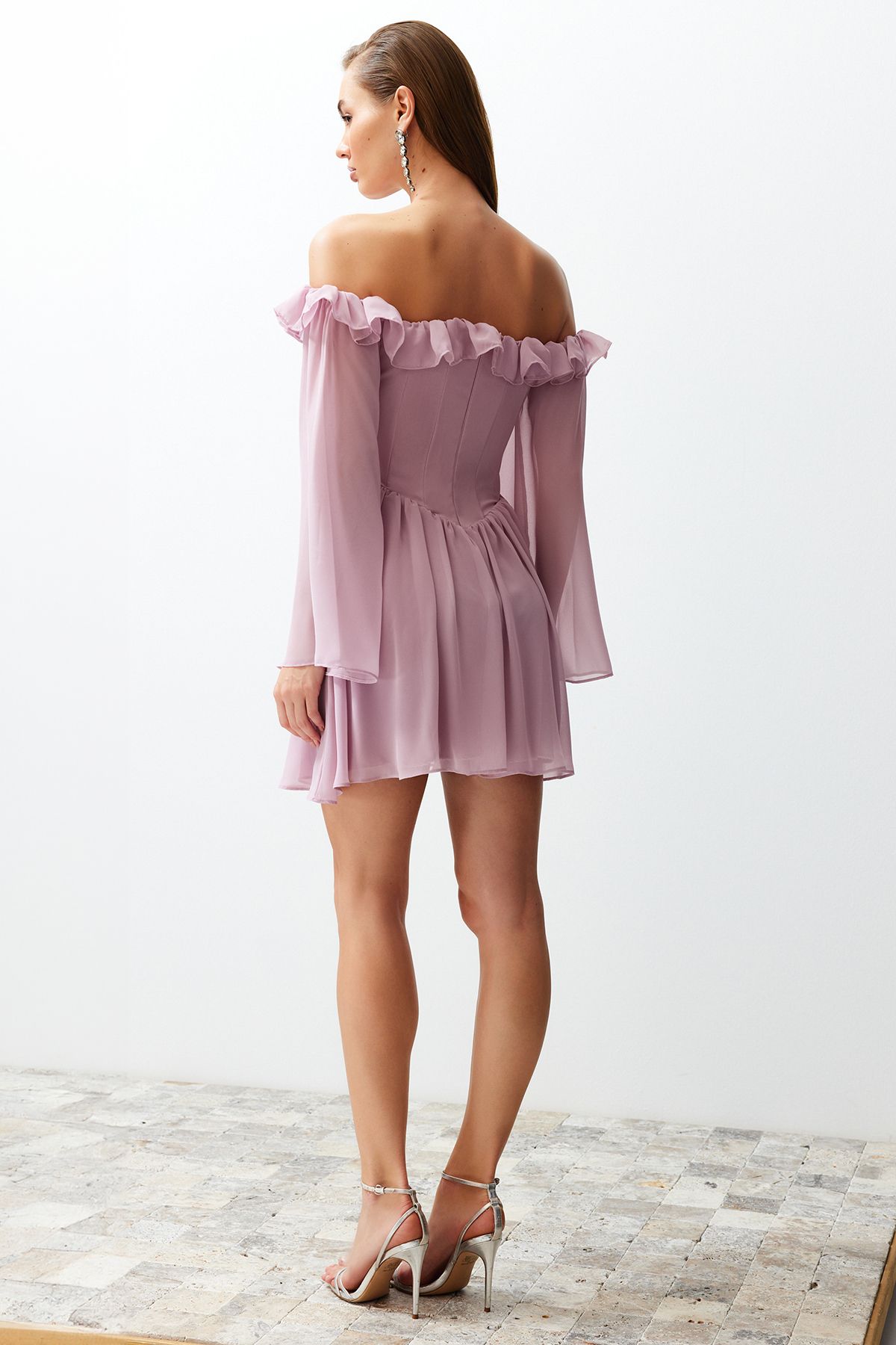 Trendyol Collection-Βραδινό κοντό βραδινό φόρεμα αποφοίτησης με φόδρα σε γραμμή Α με υφαντό σιφόν με υφαντό σιφόν TPRSS23EL00096 6