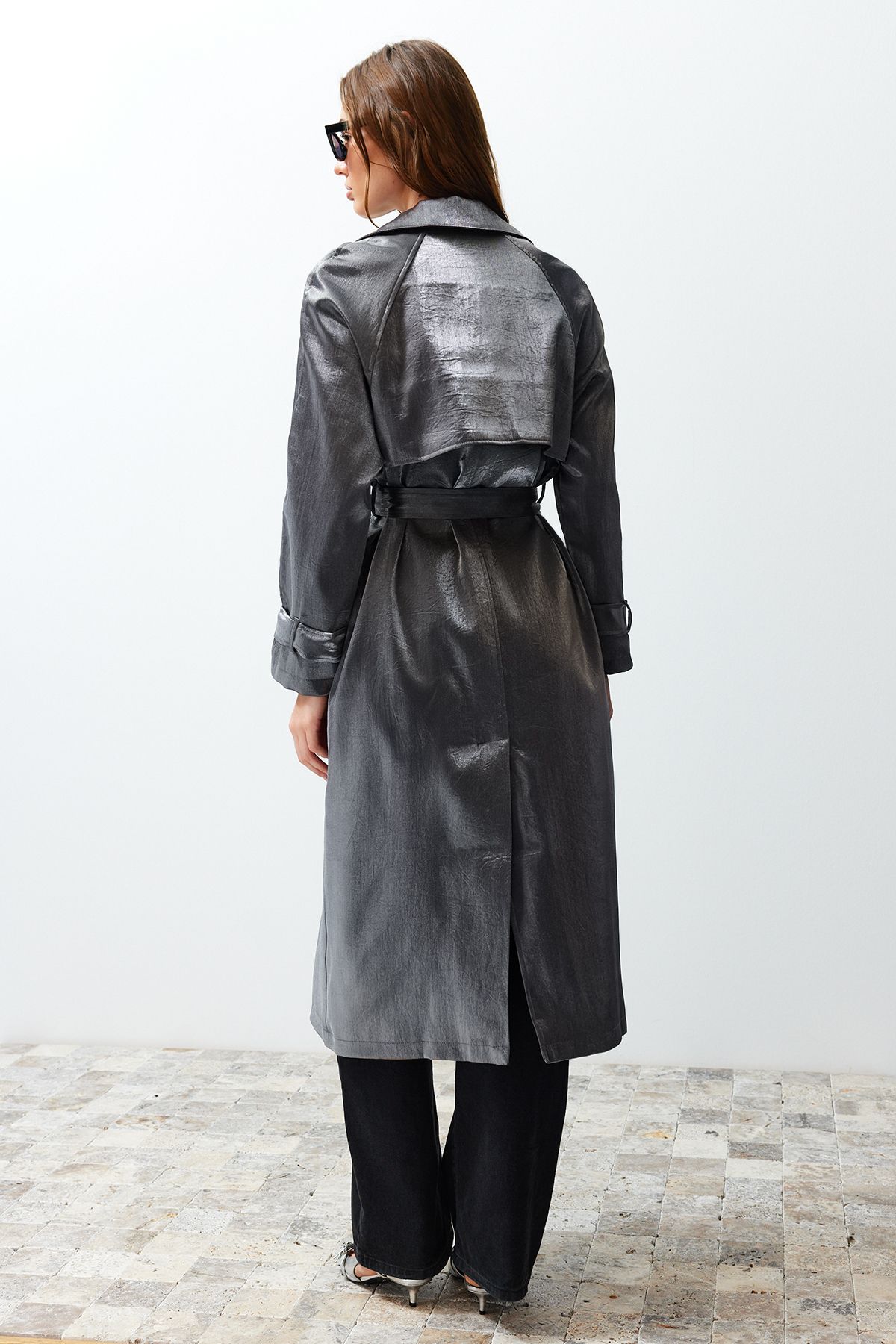 Trendyol Collection-Anthracite Oversize Wide Cut Belted Trench Coat TWOSS24TR00010 6