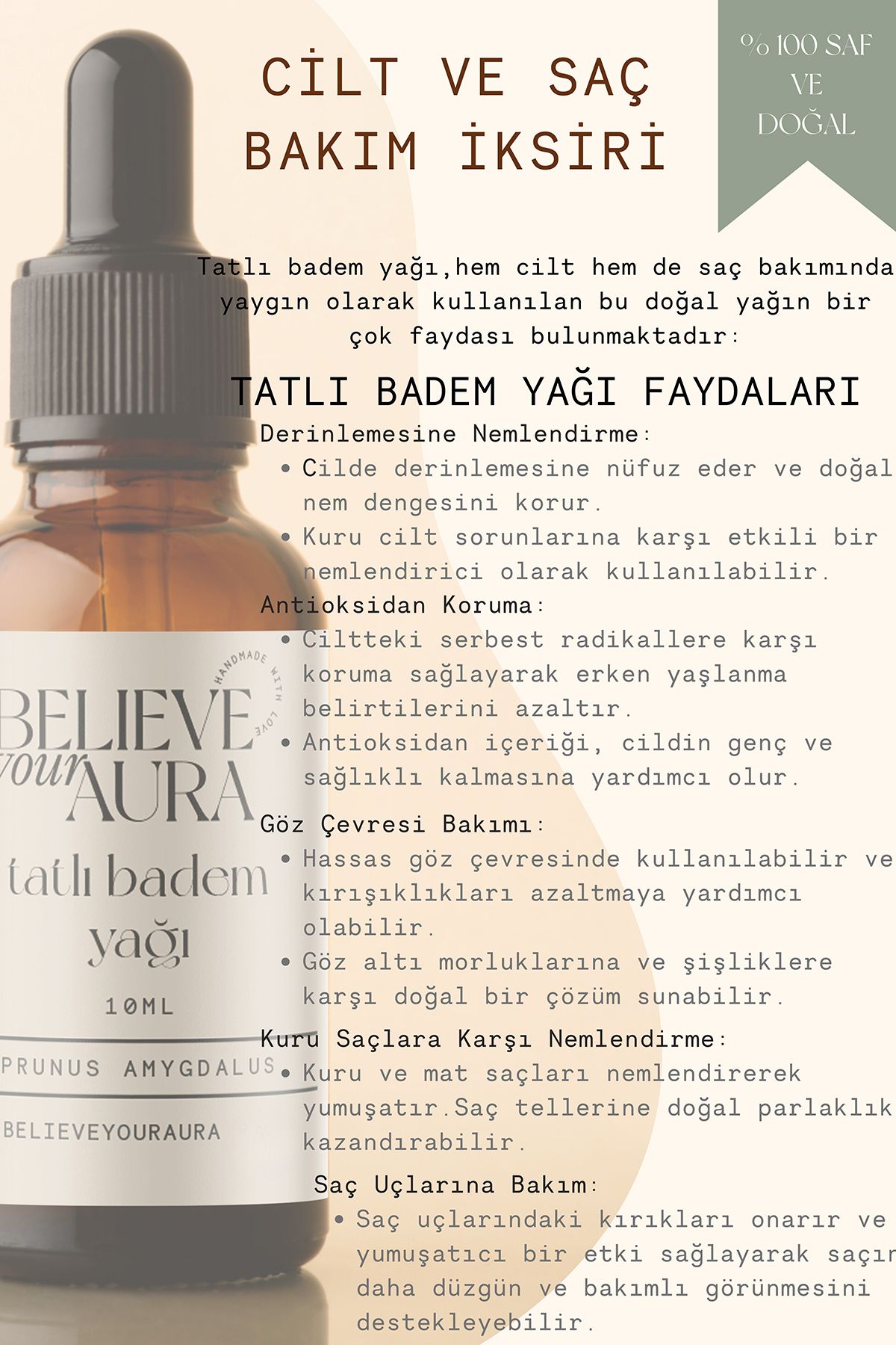 روغن بادام شیرین - 100% خالص ارگانیک روغن مراقبت از پوست و مو - روغن بادام شیرین - 10 میلی لیتر Believe Your Aura