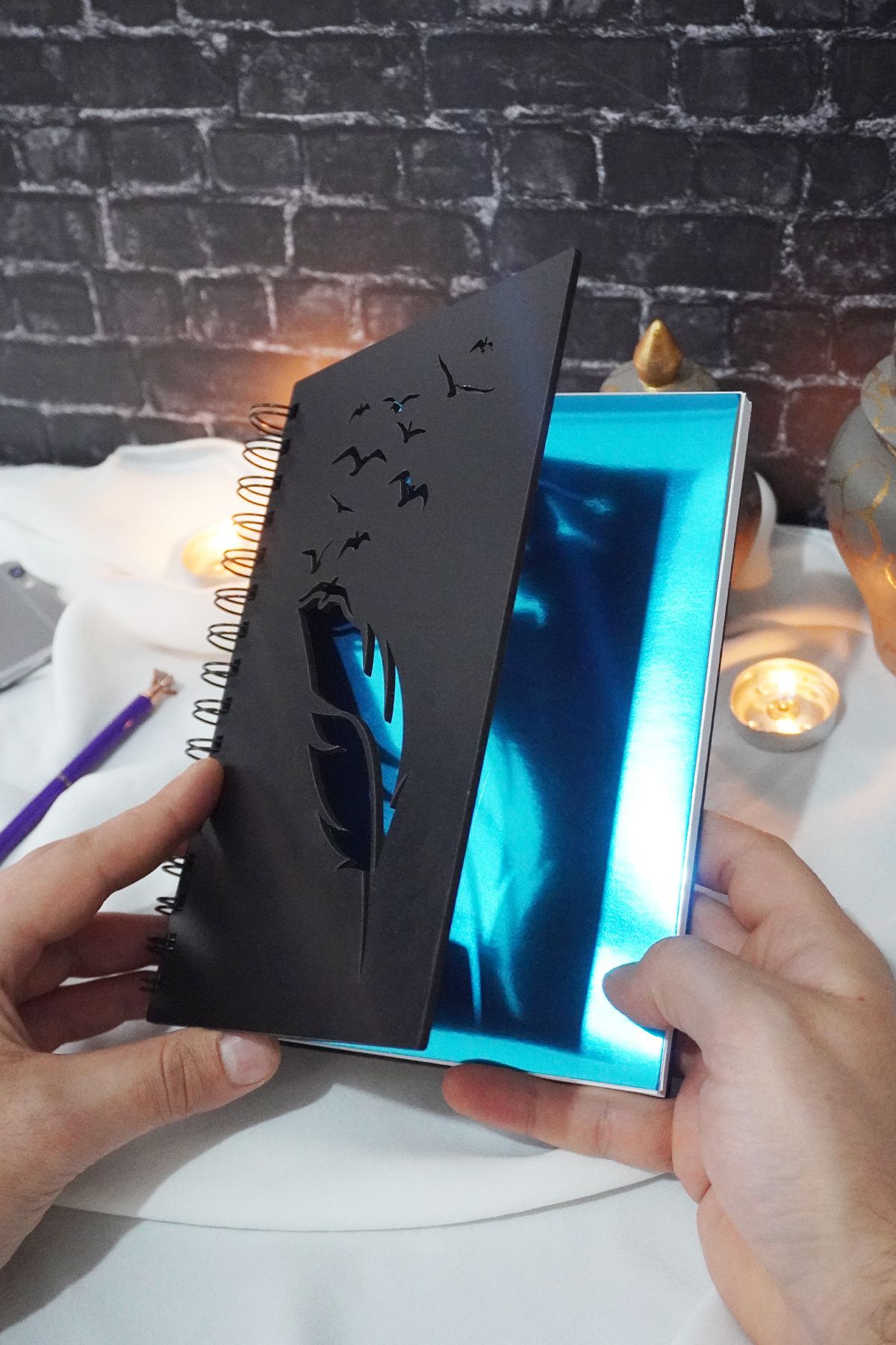 markcat-Bird Feather Design Black Wooden Cover Notebook - Unlined Notebook - Diary - Agenda - A5 Notebook 2