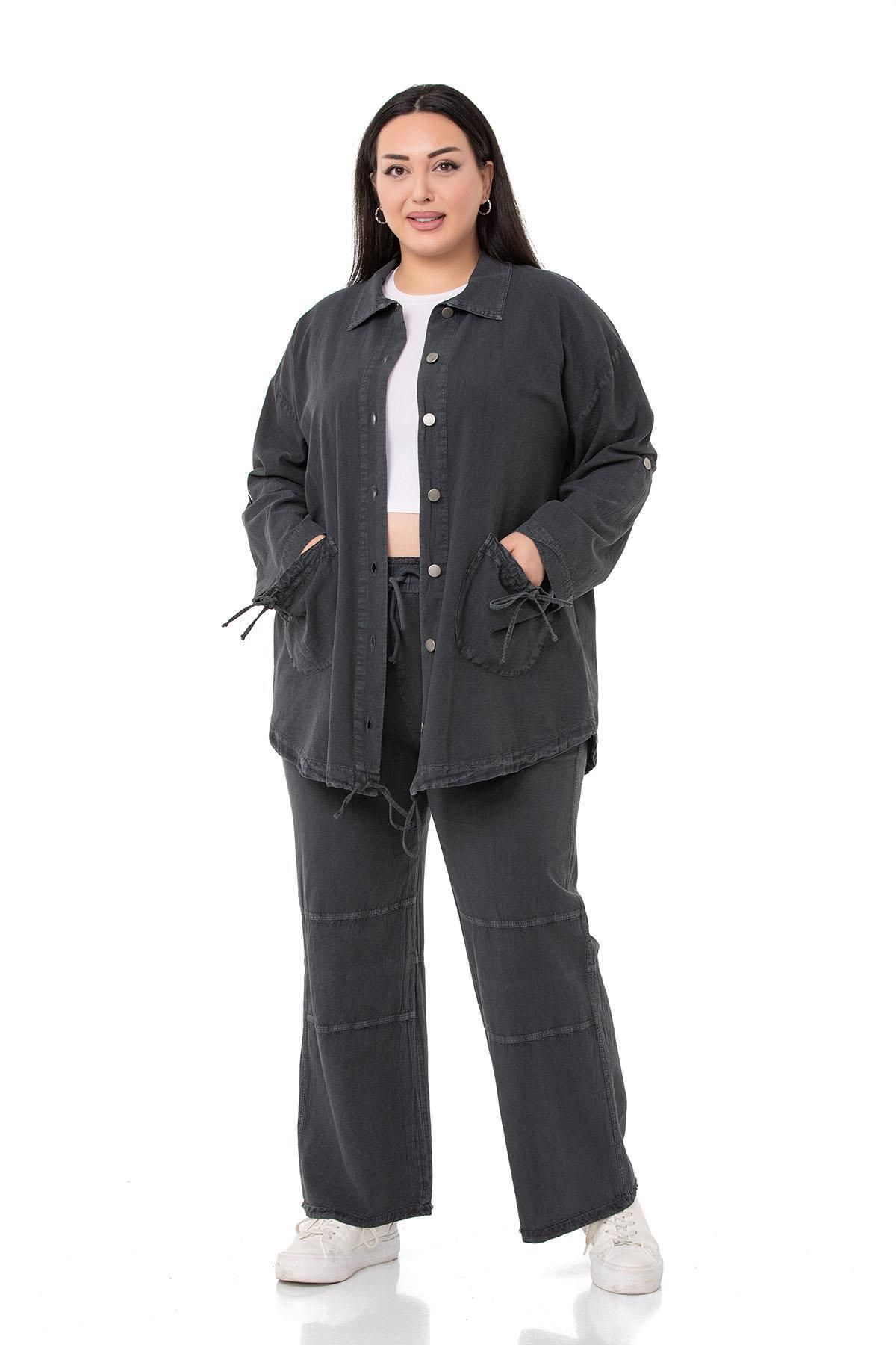 DISENTIS MODEST-Large Size Black Trousers with Tassels and Sequins Detail and Pockets 4