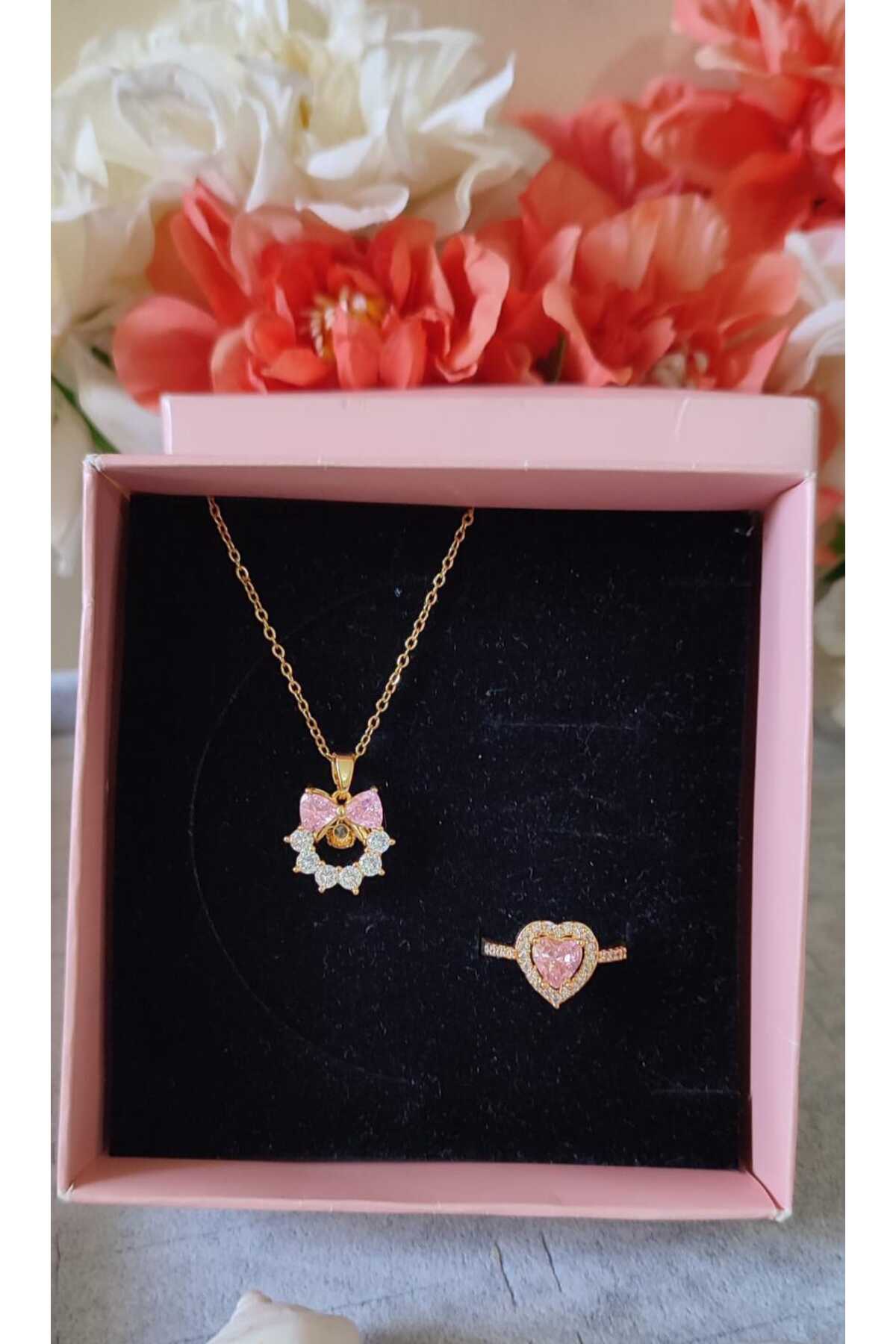 Heart Ring Pink Stone Detailed Necklace Serious Relationship Ring Set