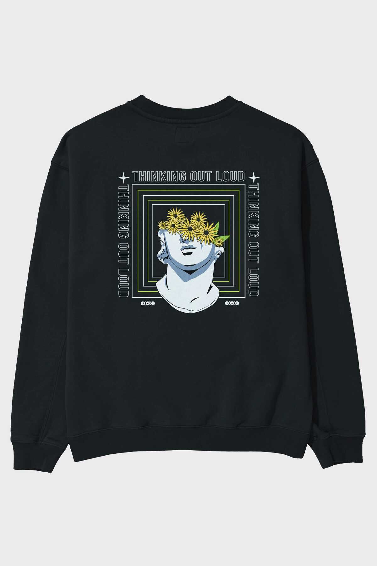 Ankhises Thinking Out Loud Hanorac Oversize Negru Cu Imprimeu Pe Spate Bărbați, Femei, Cu Decolteu Unisex - L