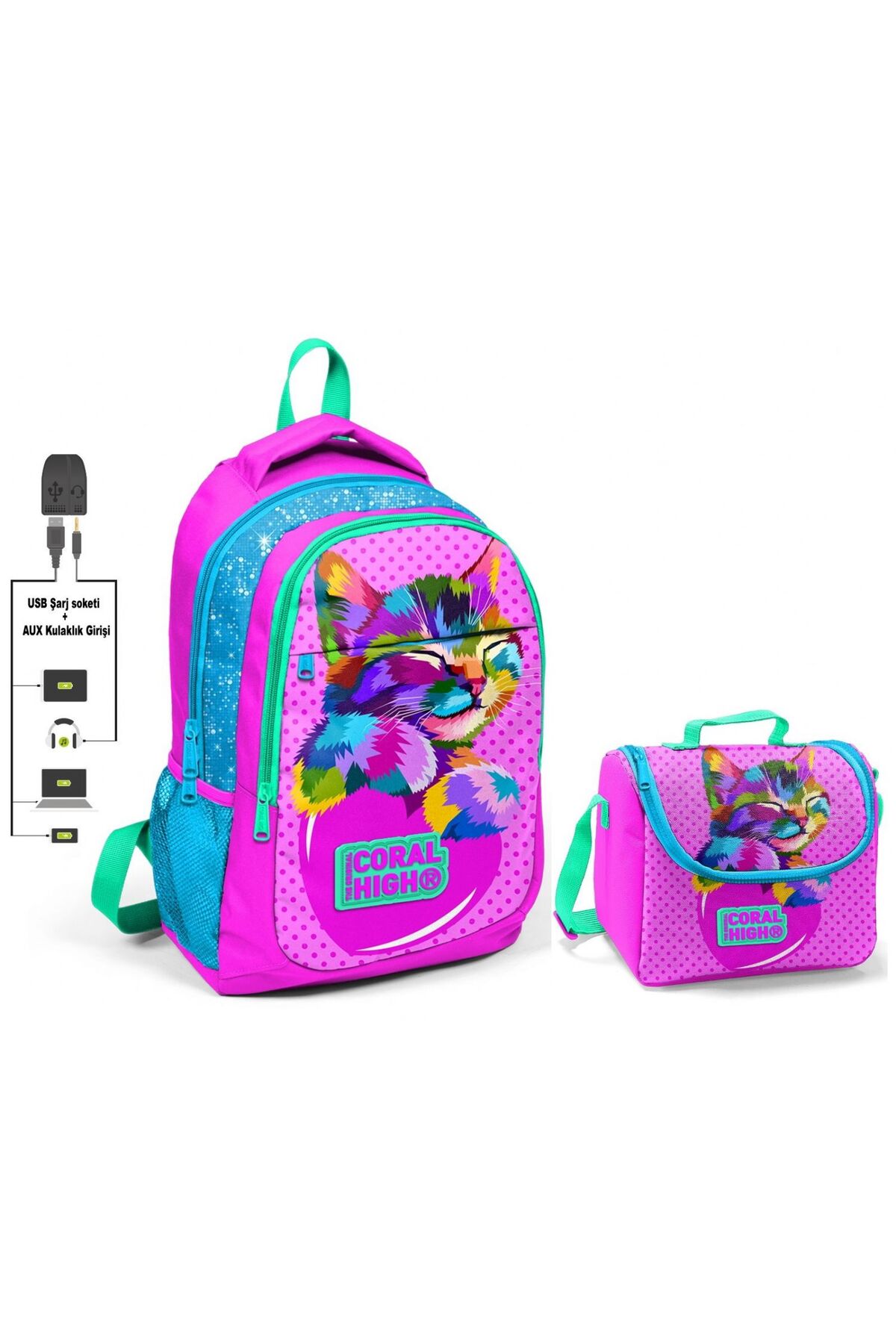 Coral High Pink Cute Cat School and Lunch Bag - Girl - Usb Socket
