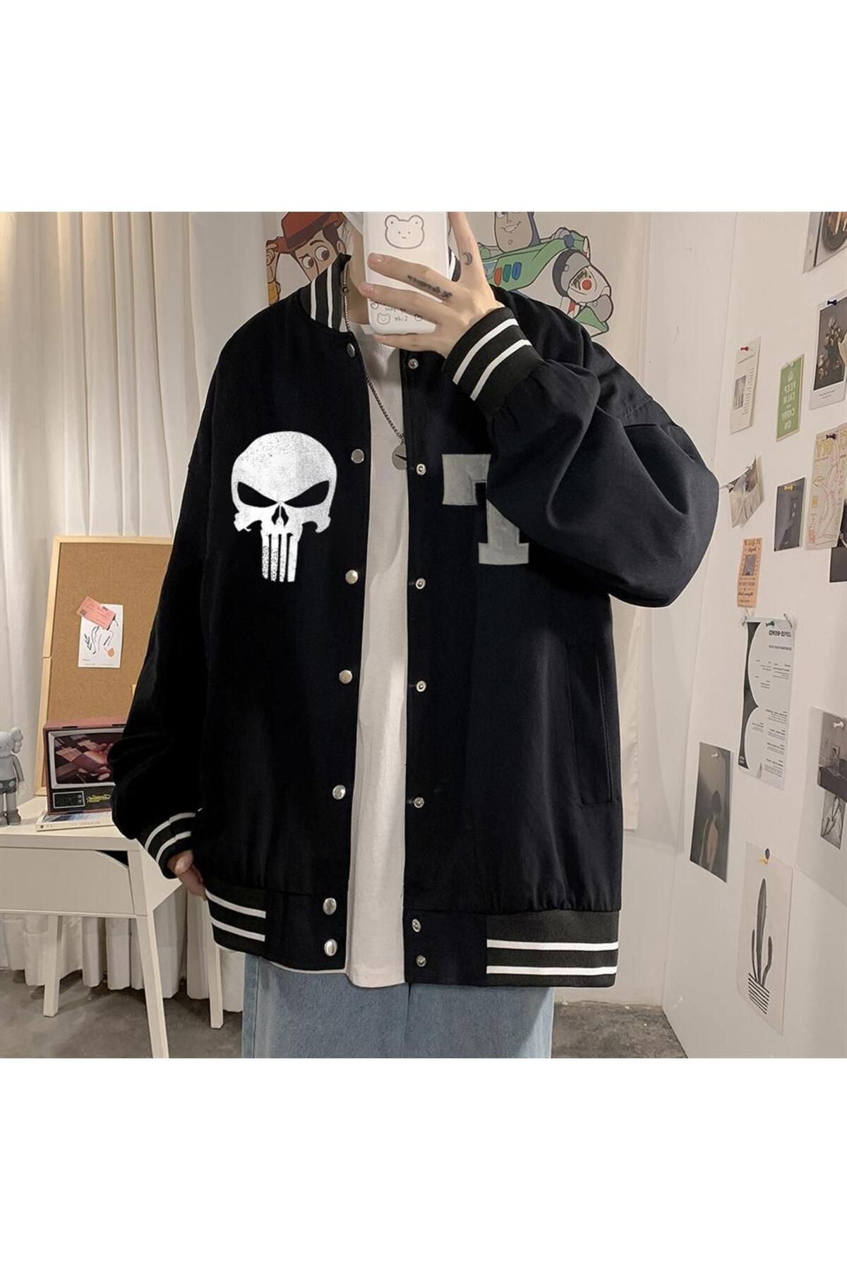 DEST NE Day Light Punisher Printed Unisex Oversize Black College Jacket Trendyol