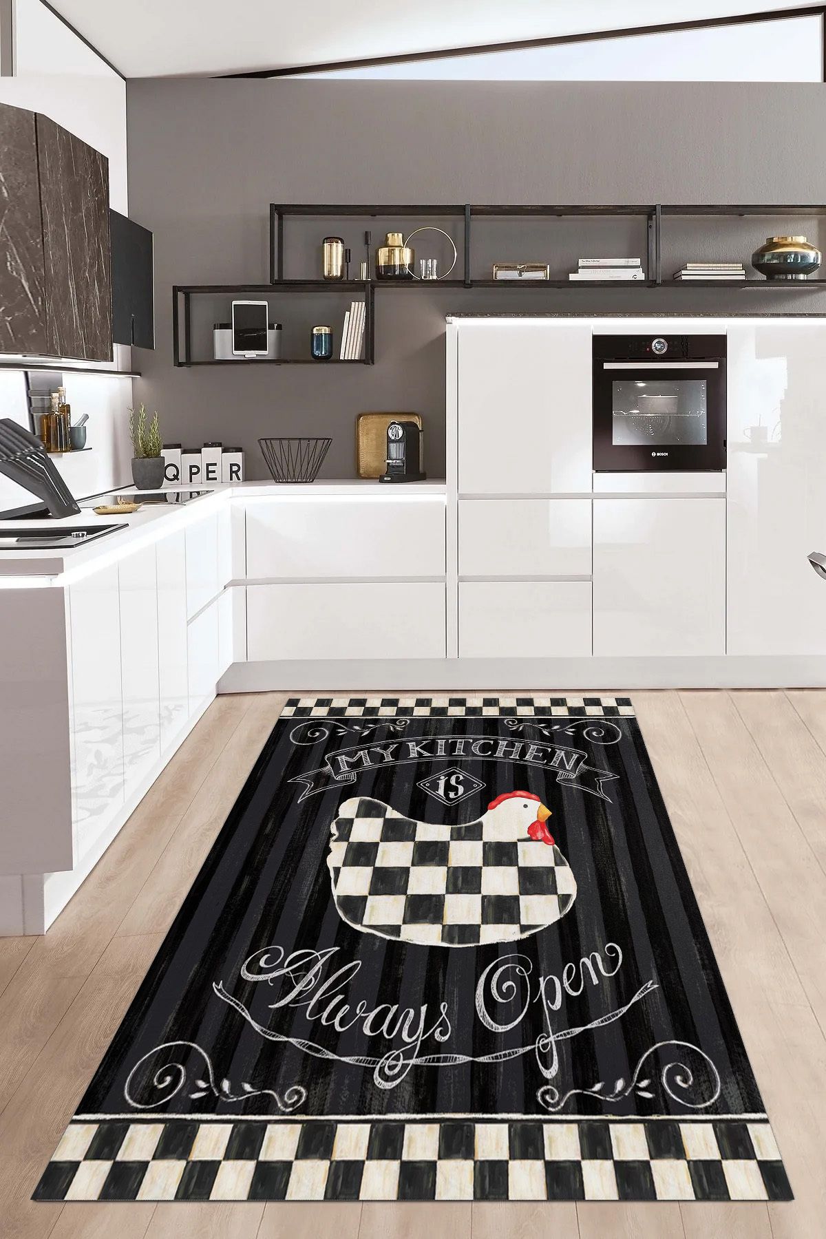 Vagonik-Checkered Chicken Patterned Digital Printed Carpet Non-Slip Based Washable Carpet 1