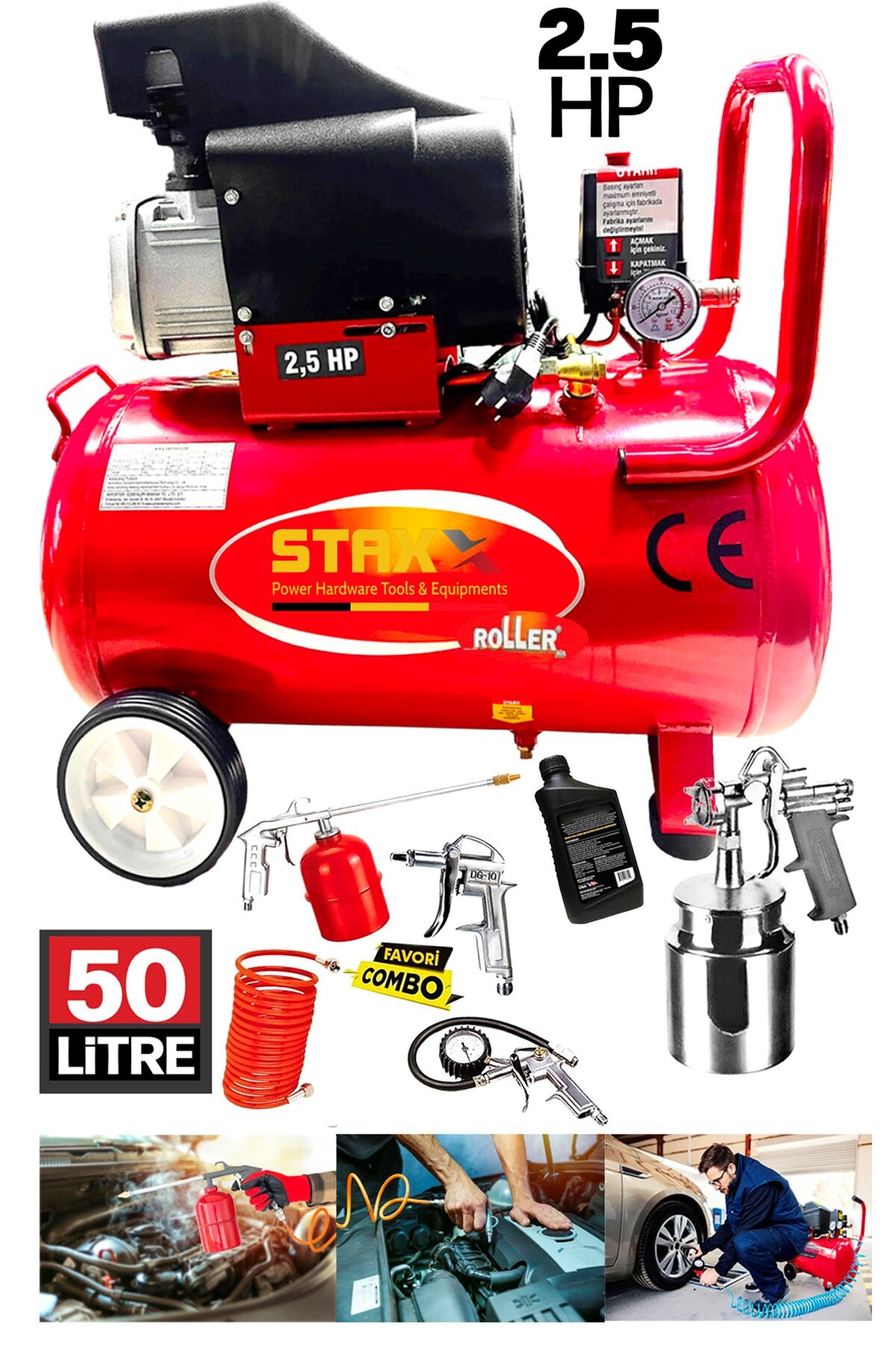 STAXX POWER ROLLER Bakır Sargı Motor Portatif 50LT Hava Kompresörü 2.5HP + Yüksek Kalite 5 Parça Havalı Alet Set