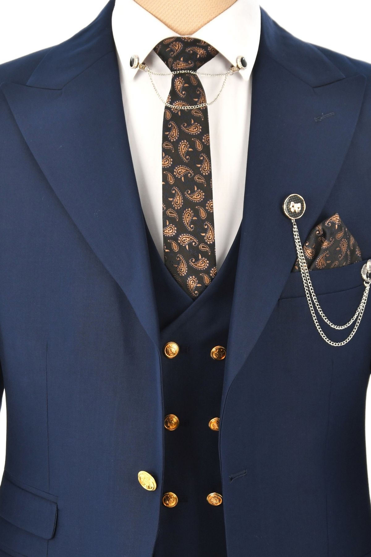 Men's Navy Blue Pointed Collar Slim Fit 3-Piece Suit 2300244