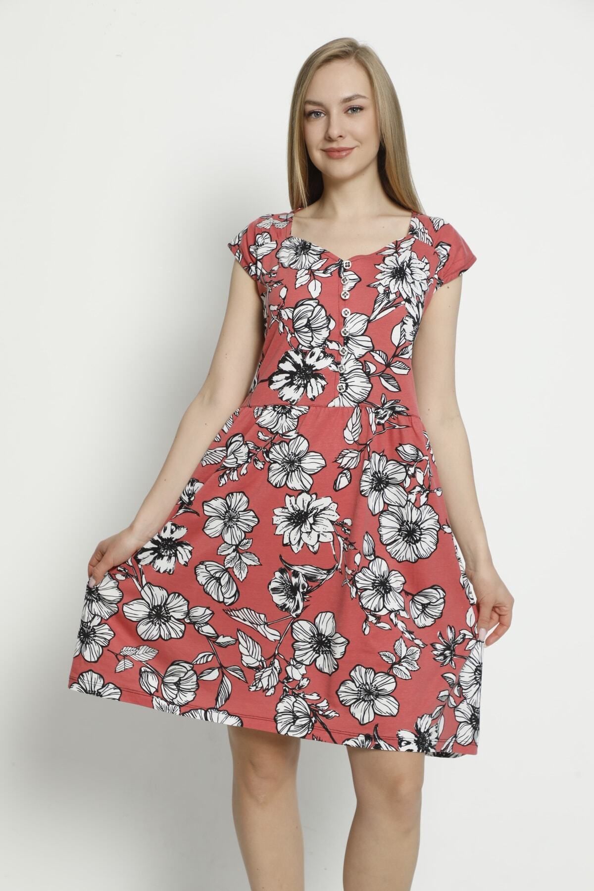 İntensive-Women's Short Sleeve Patterned Buttoned Pocket Combed Cotton Modal Cotton Dress 4