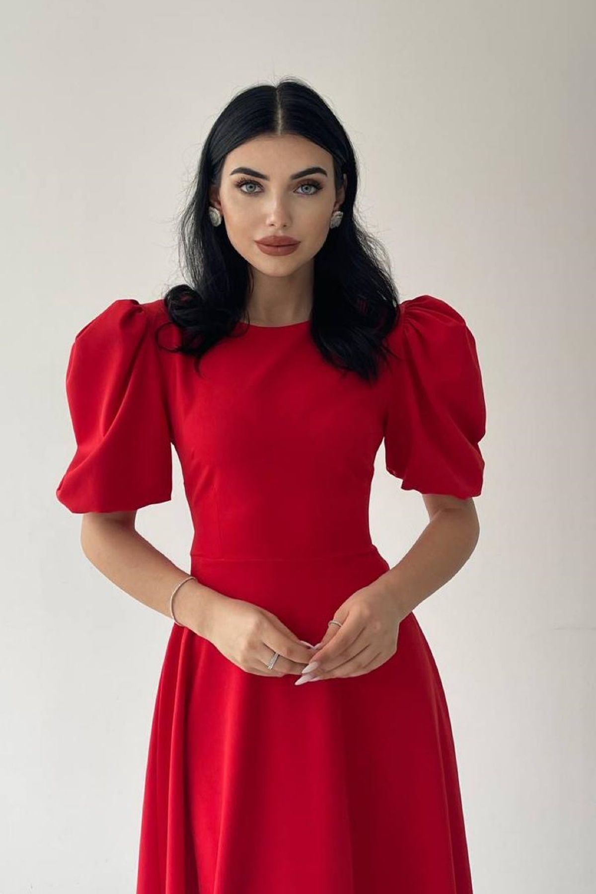 【 Ameri 】LADY ATTRACTIVE DRESS lovebox Women's Atlas Fabric Round Neck Princess Sleeve Design