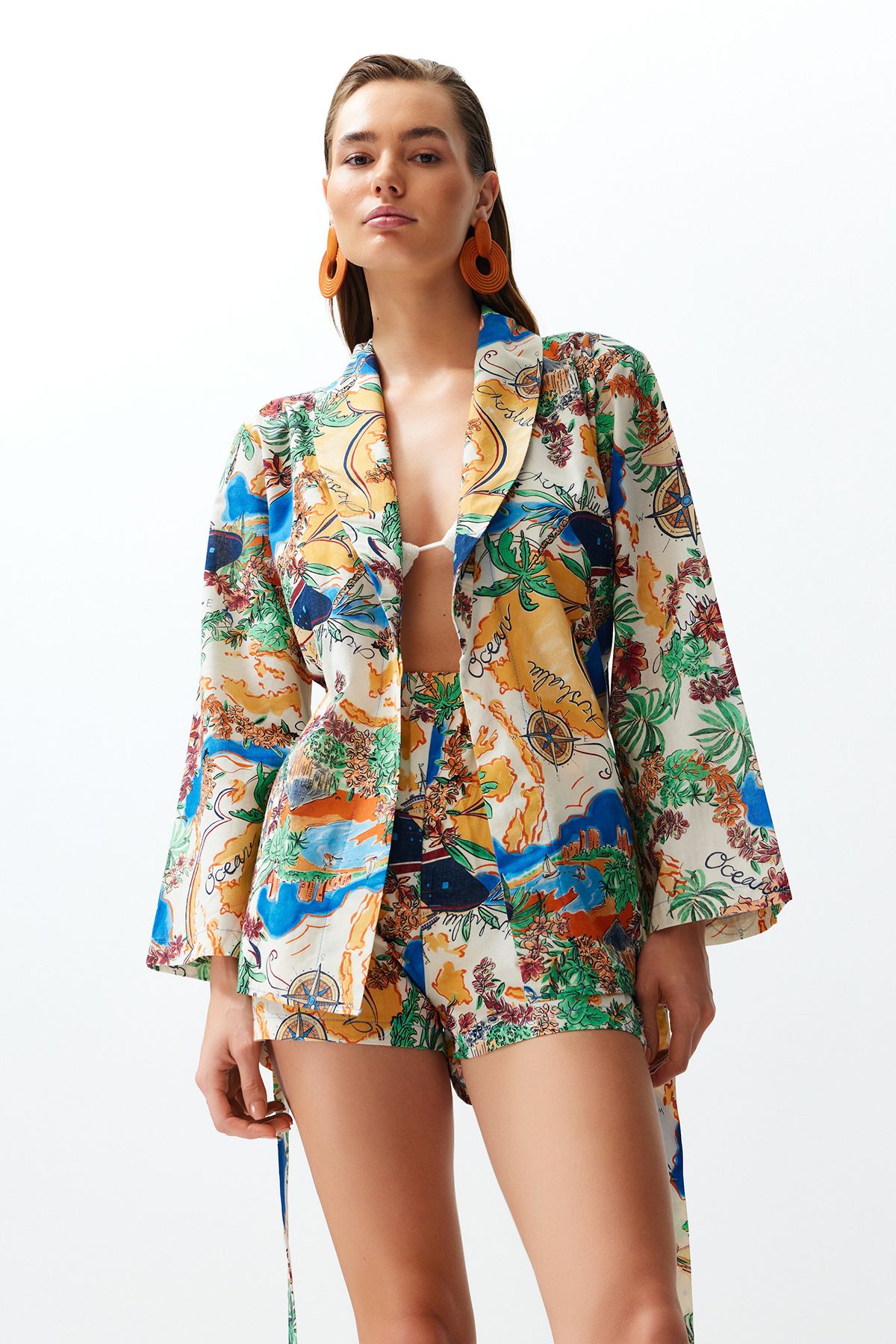 Trendyol Collection Tropikalny Wzór, Paski, Tkane, 100% Bawełny, Kimono, Szorty, Zestaw Plażowy Kobieta - 36