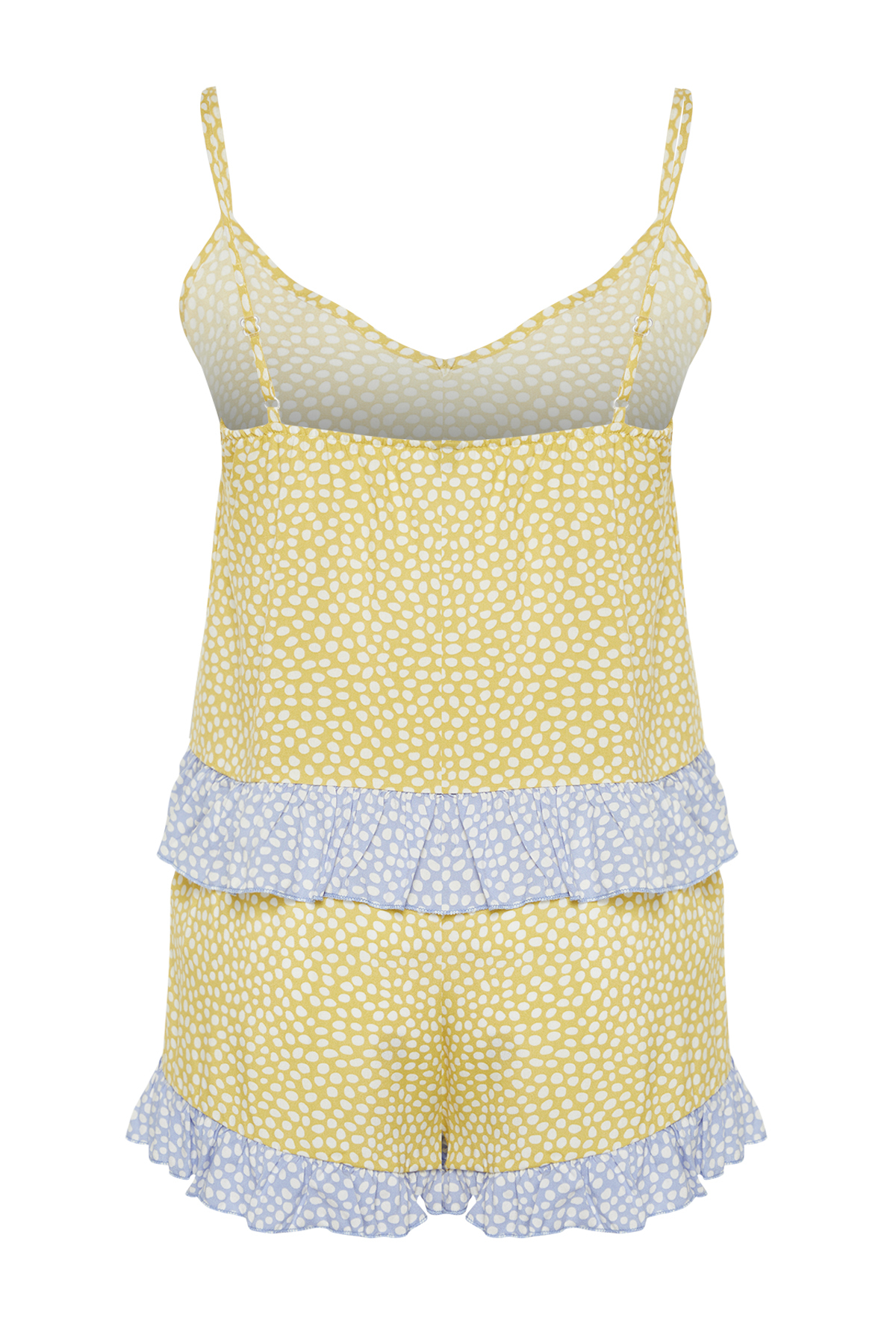Trendyolmilla  Sarı-Çok Renkli Puantiyeli Fırfırlı İp Askılı Viskon Şortlu Dokuma Pijama Takımı THMSS24PT00124 - Görsel 8