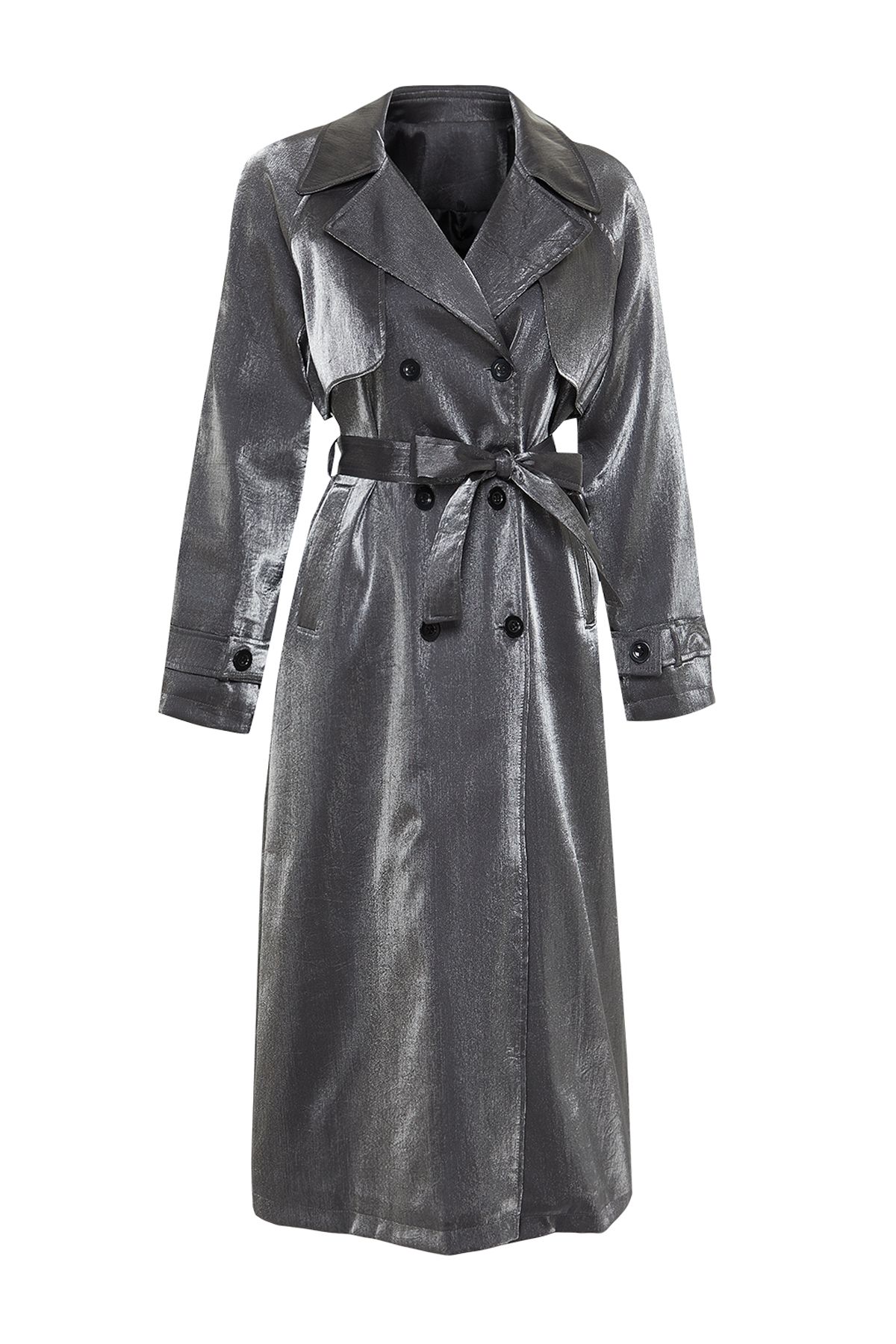 Trendyol Collection-Anthracite Oversize Wide Cut Belted Trench Coat TWOSS24TR00010 7