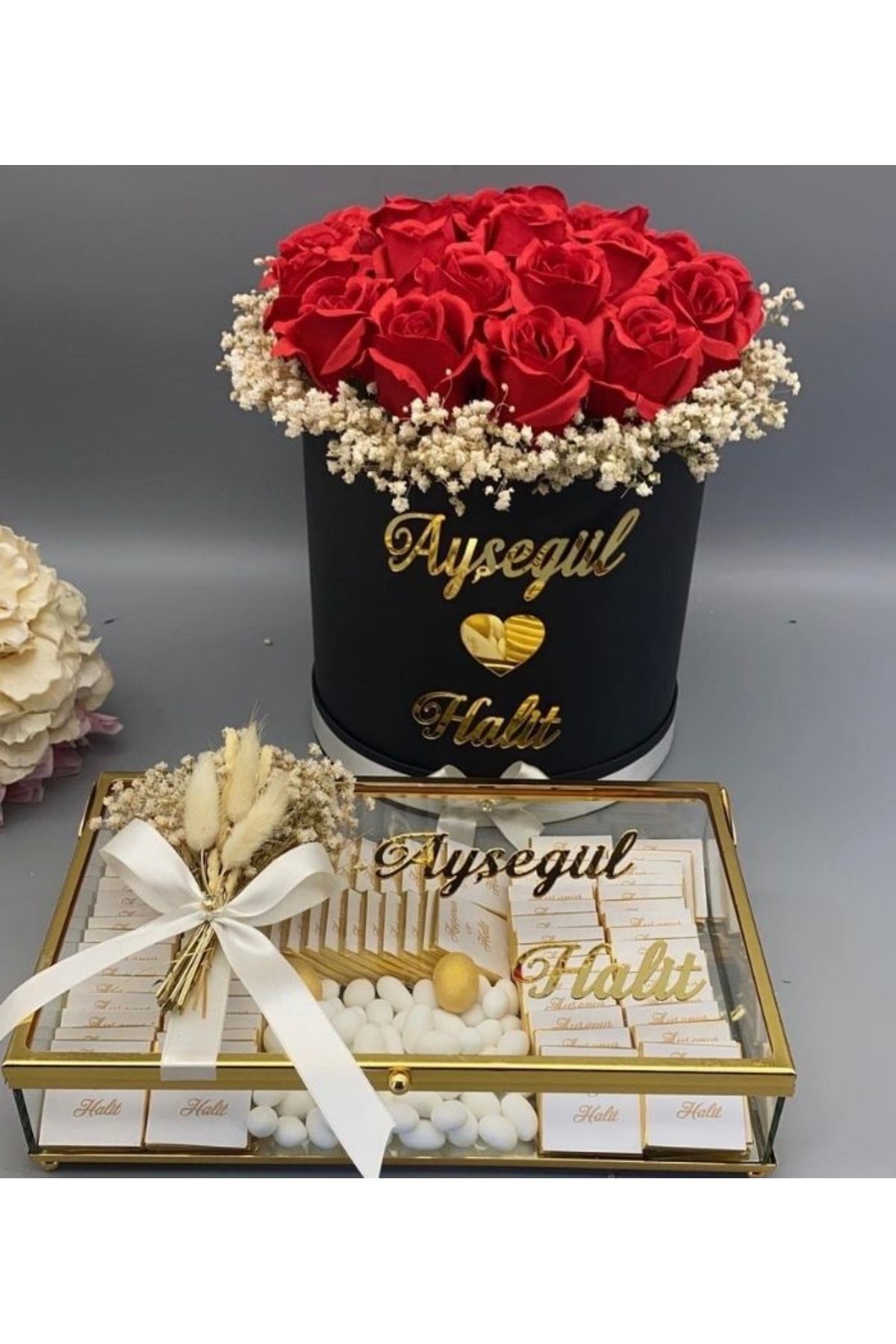 Çiçek-Personalized Wishing Flower and Rectangular Chocolate Box 1