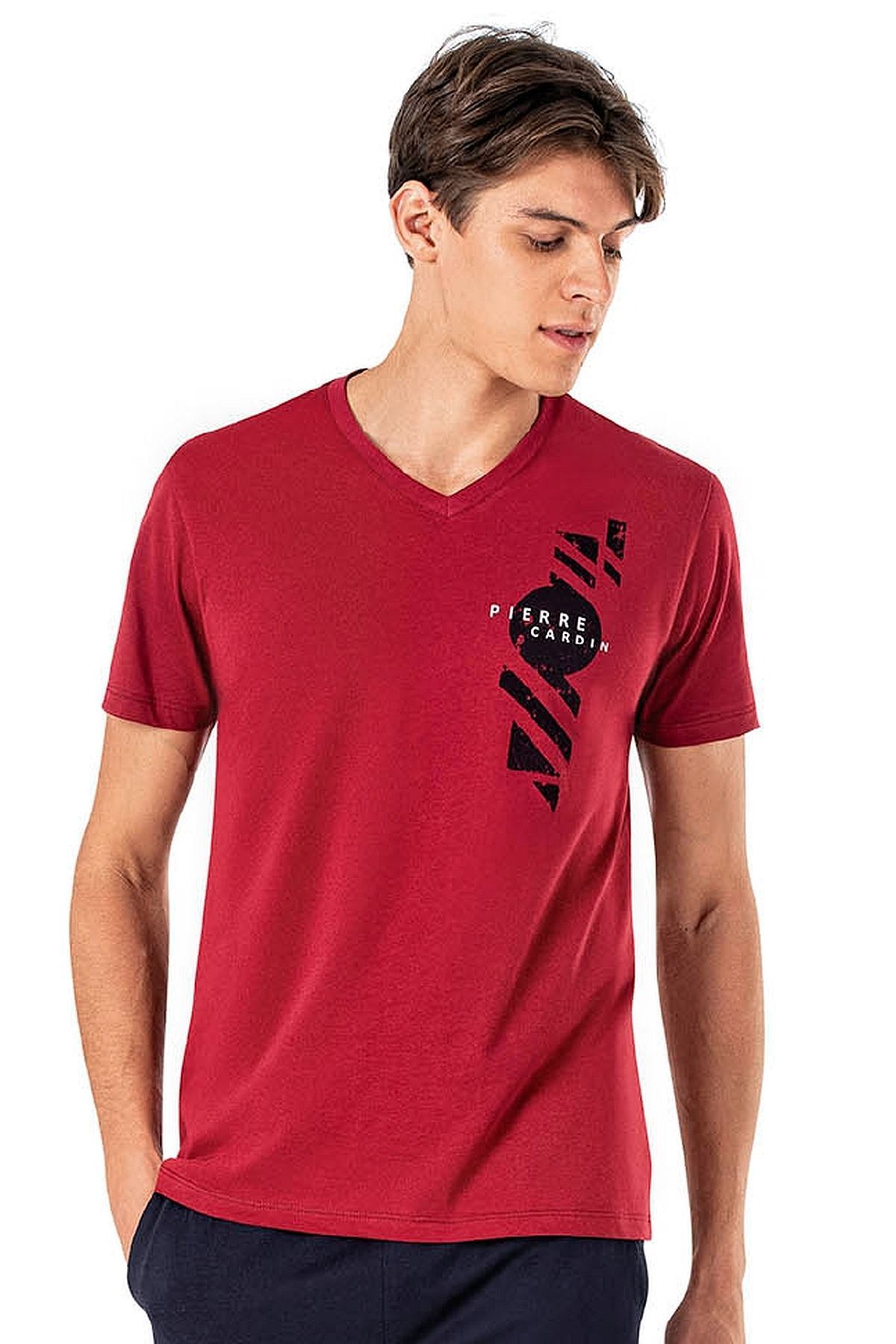ست پیژامه قرمز مردانه لباس خواب آستین کوتاه 6011 Claret Red Pierre Cardin