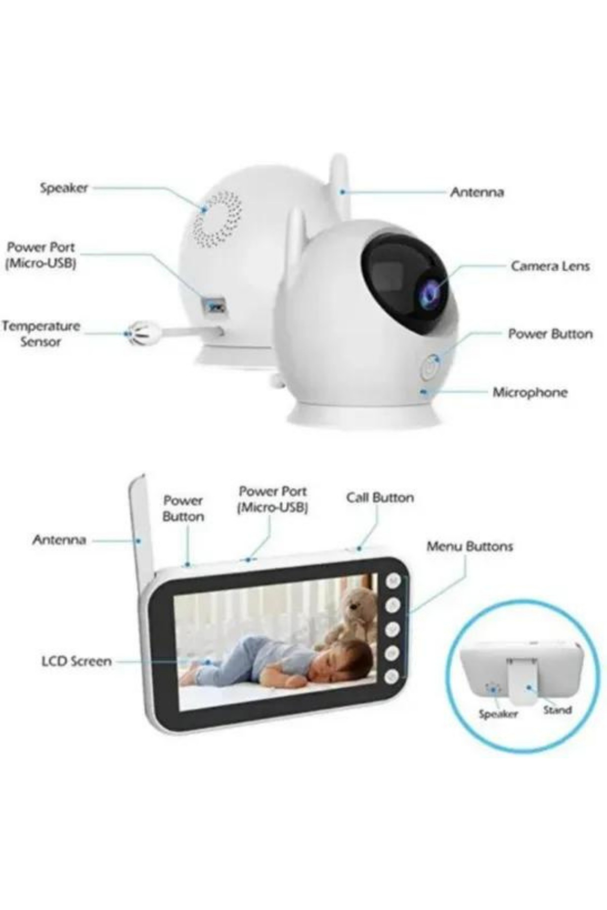 XİRA Lcd Ekranlı Gece Görüşlü Bebek Monitörü -Bebek Izleme Kamerası Oda Sıcaklığı Kontrollü Kablosuz fotoğrafı 2 (önizleme)