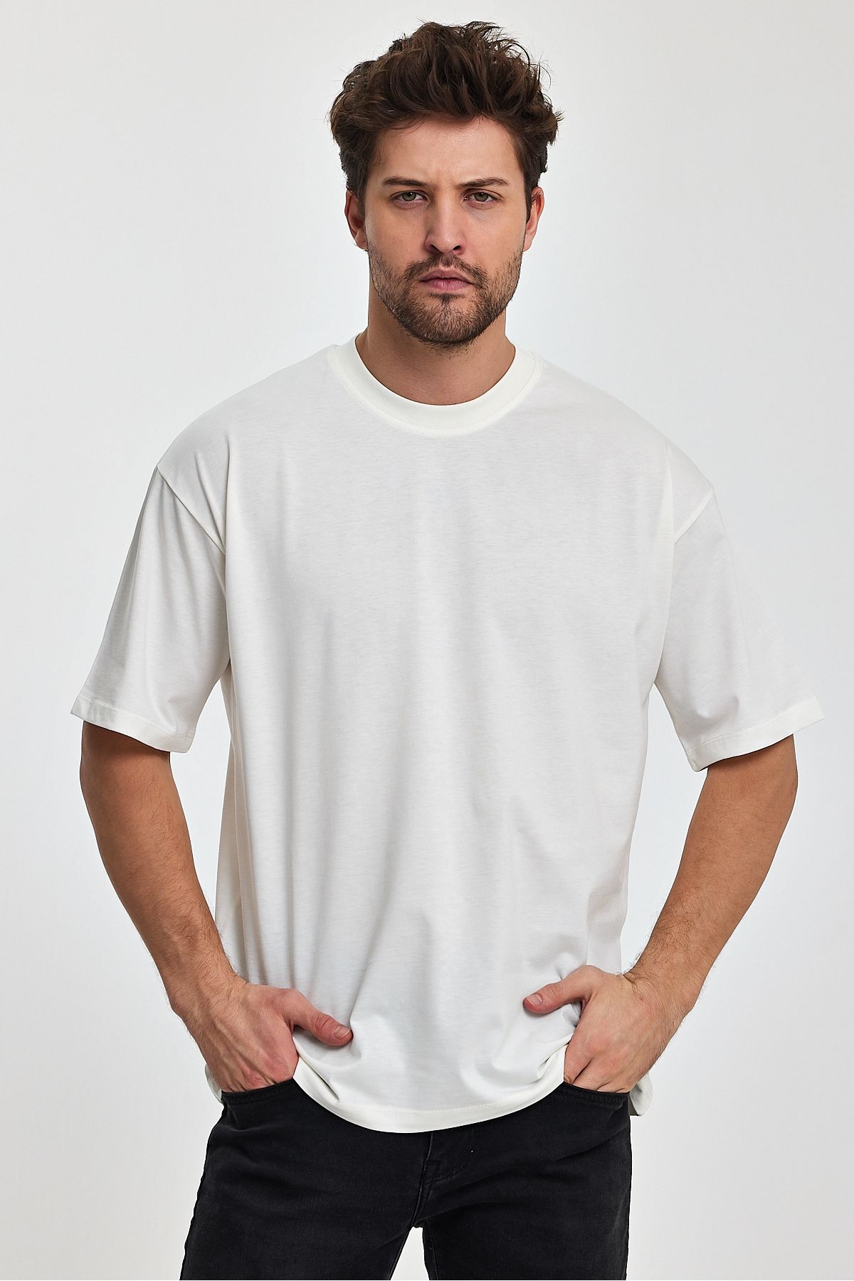 COMBİNE MİCHAİL-Men's Oversize Fit Thick Fabric Textured Crew Neck T-shirt 4