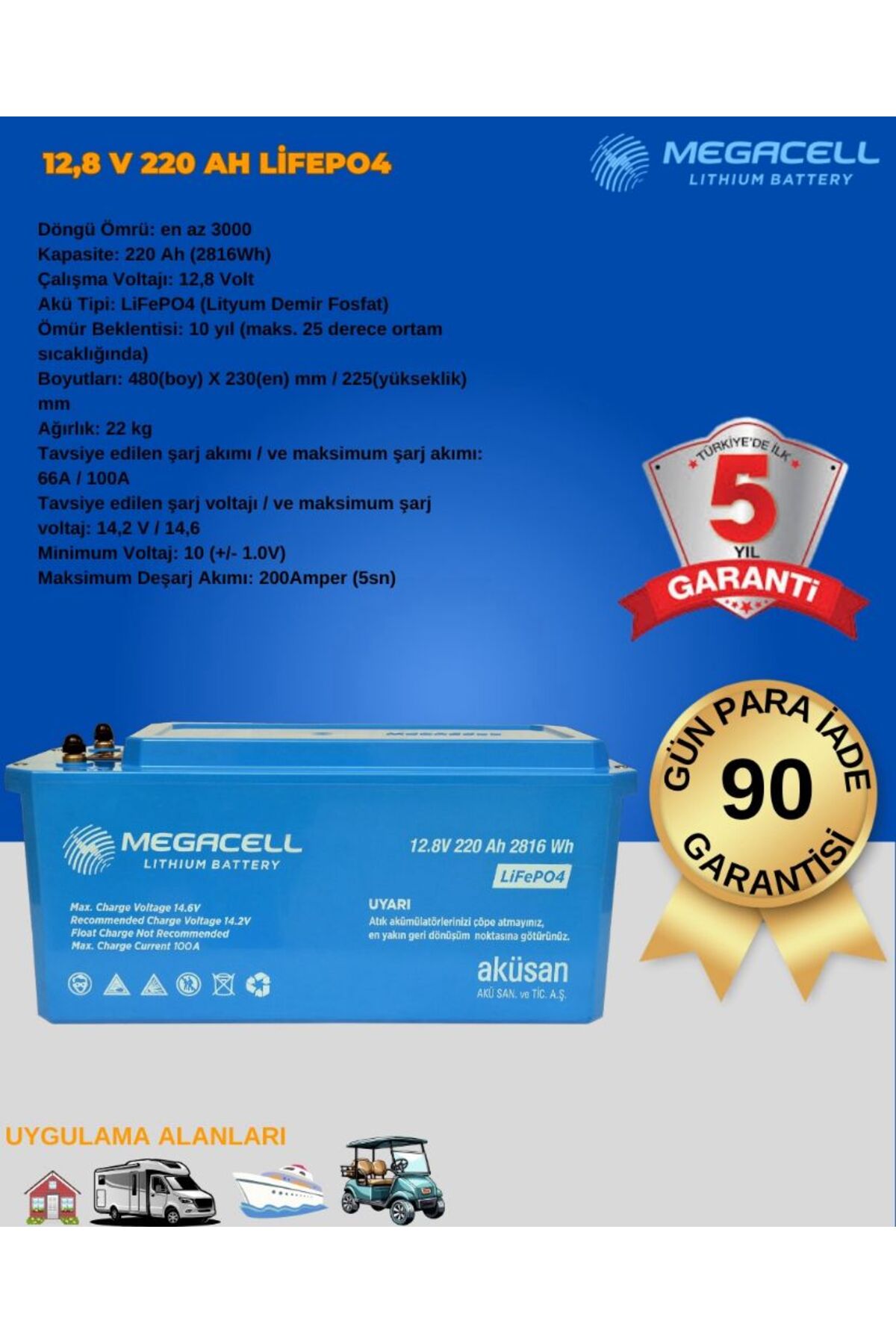 Megacell 12.8V 220Ah Bluetooth LiFePO4 Lityum Demir Fosfat Akü ABS Kasa