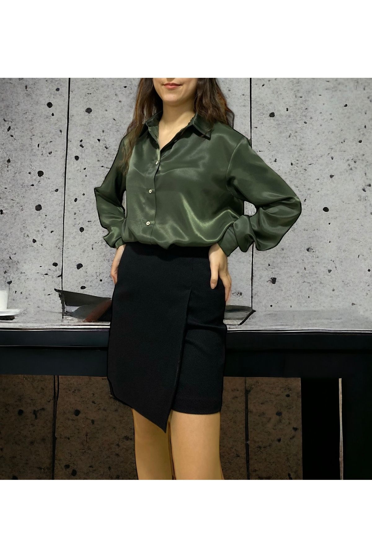 İrem Tekstil-Women's Green Satin Shirt Pants Set 4