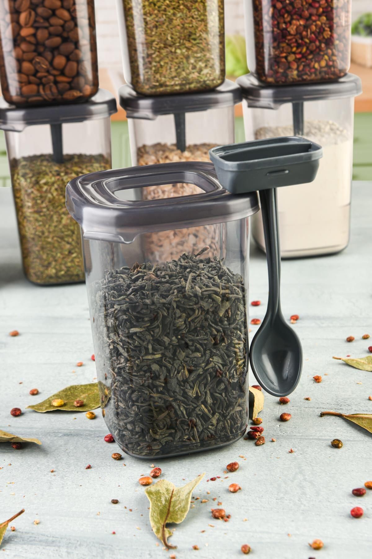 MAGEV PLASTİK-18 Pieces Luna Spice Rack Storage Container with White Screen Printing Label and Self Spoon 5