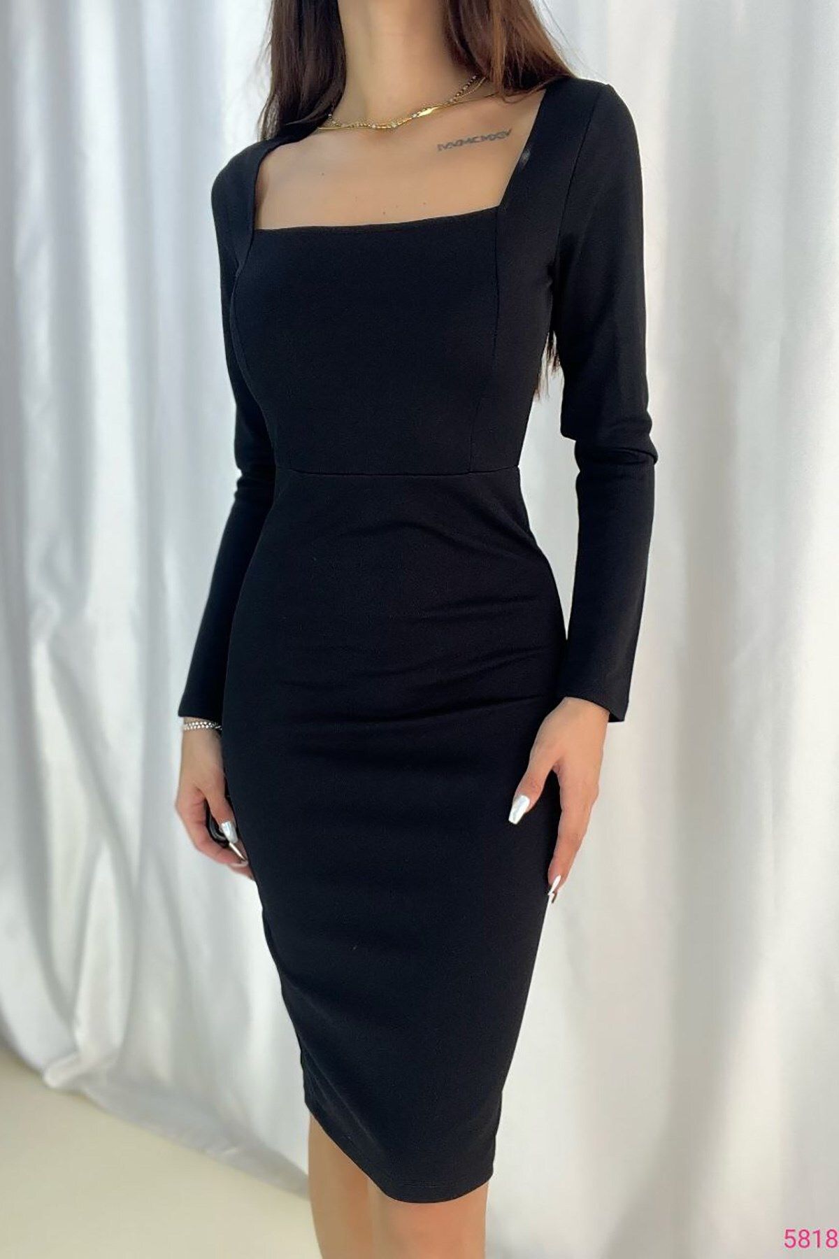 black square neck slit detail long sleeve midi length dress