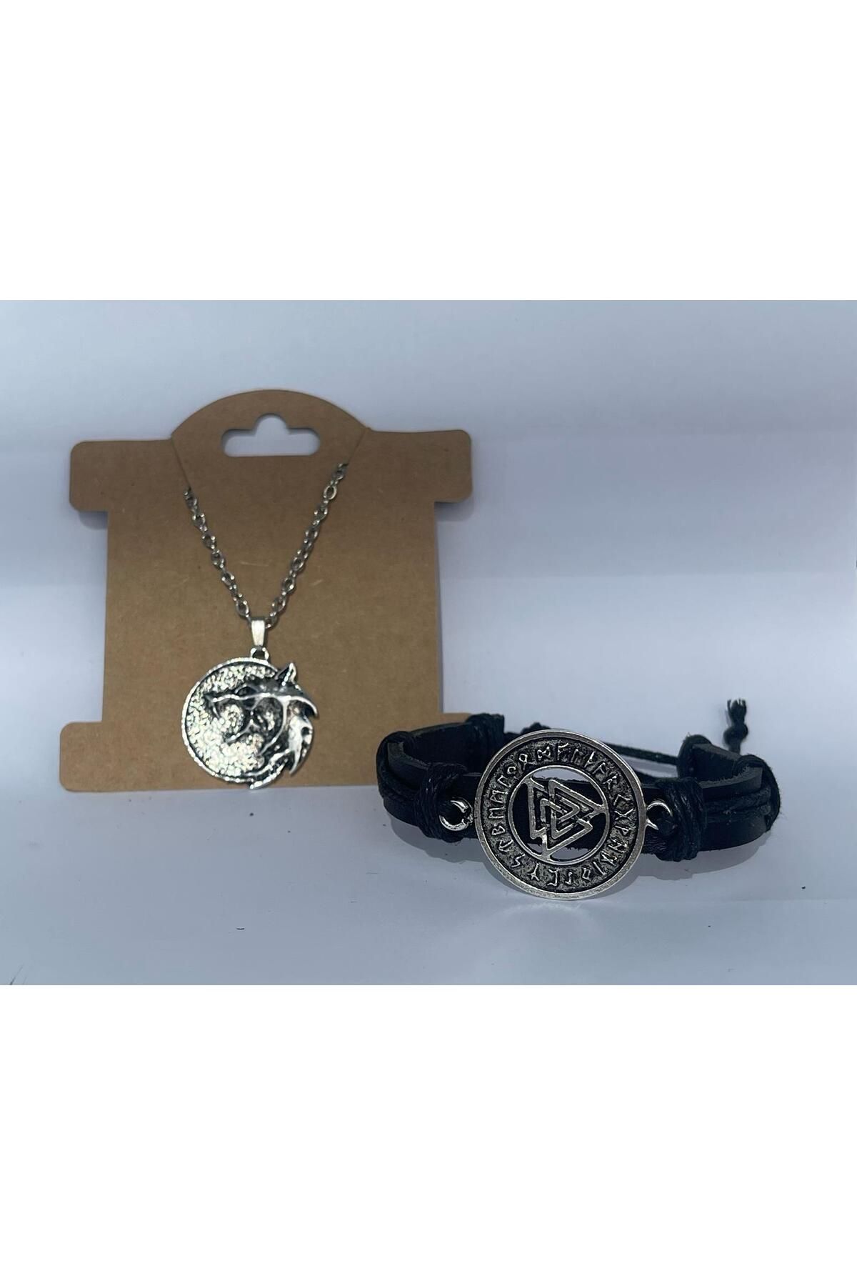 BSN Store-2-Piece Combination Viking Norse Dragon Figure Necklace and Valknut Figured Genuine Leather Bracelet 2