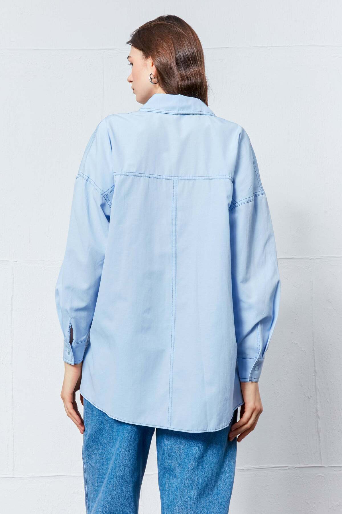 FABB  Bebe Mavisi Kontrast Dikiş Detaylı Cepli Gömlek - Görsel 4