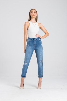 Modafaf Kadın Yüksek Bel Jeans Pul Detay Kot Pantolon Elis 5696-1 ELIS5696-1