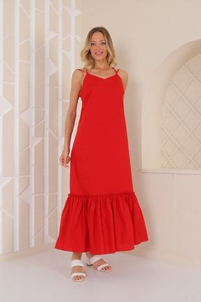 Kadın Kırmızı Sırt Dekolteli Askılı Etek Ucu Fırfırlı Elbise ETS5822