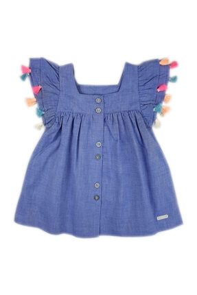 Kız Bebek Kısa Kol Mavi Kolları Kat Kat Renkli Önden Düğmeli Elbise LG 5317