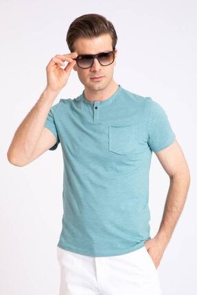 Erkek Su Yeşili Pis Dikim Sıfır Yaka Cepli T-shirt AKL.2016