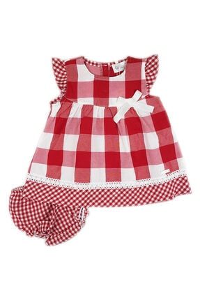 Kız Bebek Beyaz Kırmızı Kareli Desenli Kolları Fırfırlı Külotlu Elbise LG 5352