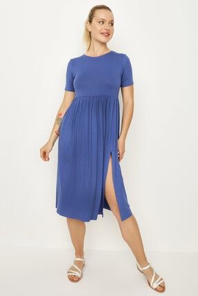 Kadın Mavi Beli Lastikli Yırtmaçlı Elbise S053/0402/062