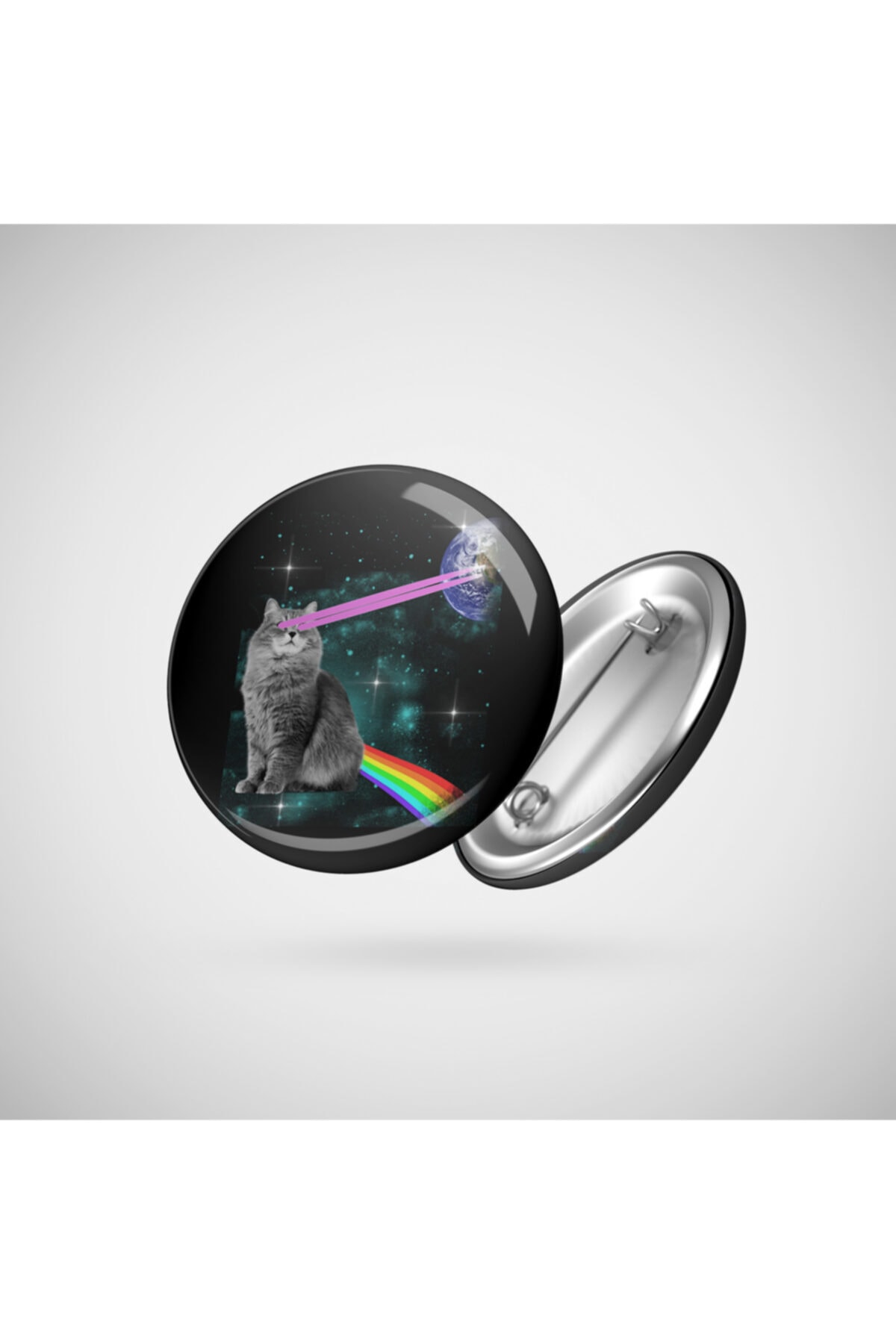 Outer Space Kitty Cat Laser Eyes Rainbow Earth Badge