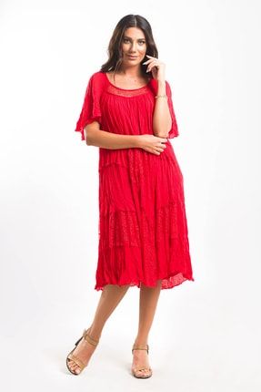 Kadın Kırmızı Renkli Dantel Detaylı Elbise BRK97