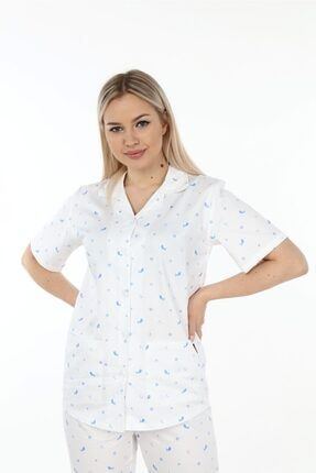 Kadın Beyaz Kısa Kollu Desenli Pijama Takımı MUCGPW00