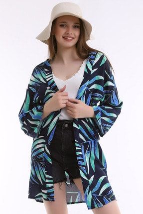 Kadın Lacivert Tropikal Uzun Kimono 6974KDNDSNLİKMNO