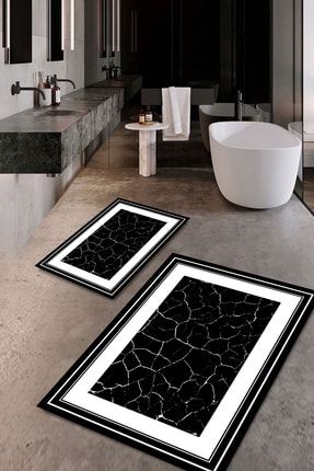 Siyah Versace Yıkanabilir Banyo Paspas 2li KLOZET TAKIMI SİYAH ÇERÇEVE