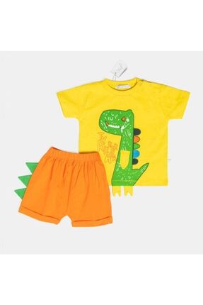 Erkek Bebek Yeşil Dizonor Detaylı Sarı Bisiklet Yaka T-shirt Turuncu Şort 2'li Bebek Takımı 2043