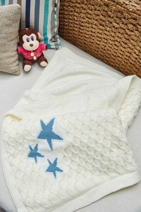 Çift Taraflı Peluş Mavi Yıldızlı Beyaz Bebek Battaniyesi ARM-4436