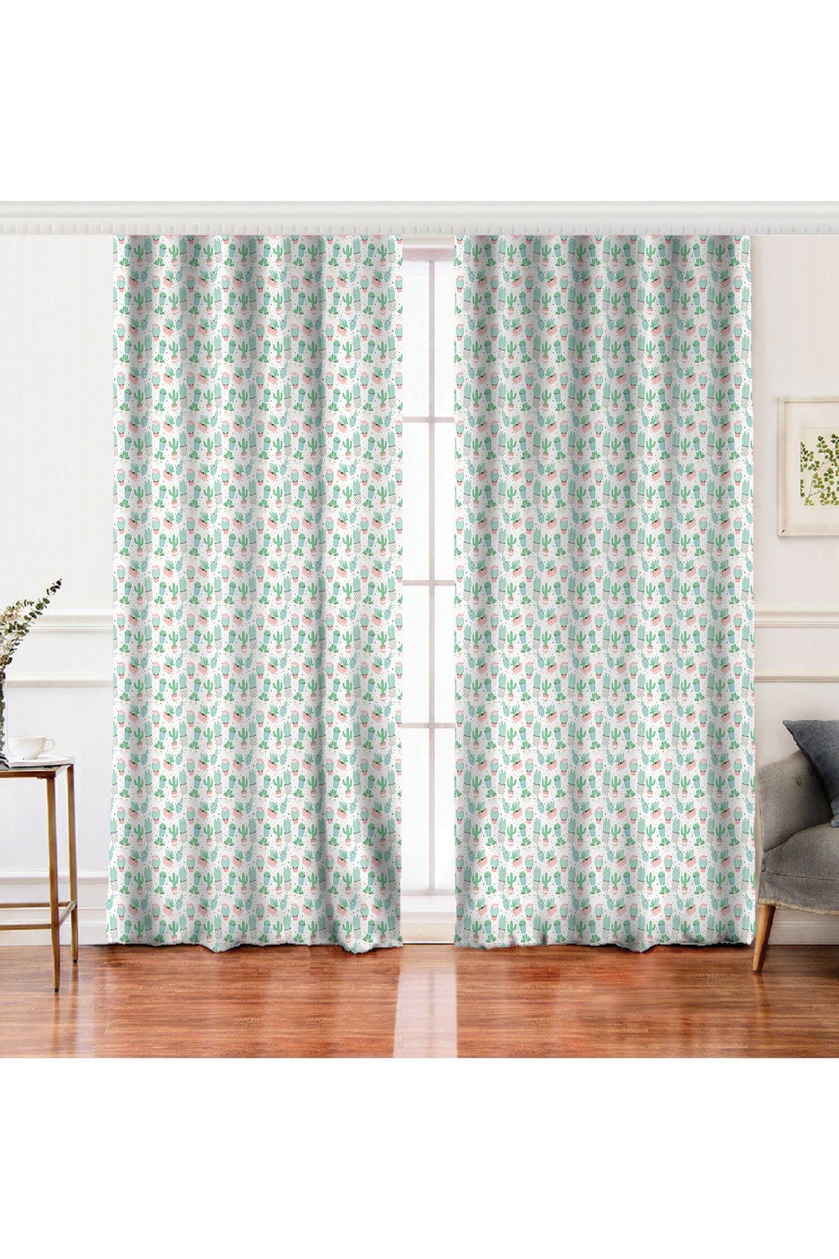 Realhomes Cortina De Fundal Imprimată Digitală Cu Model De Cactus Colorat Cu Aripă Dublă Pe Fundal Alb - 140 x 200