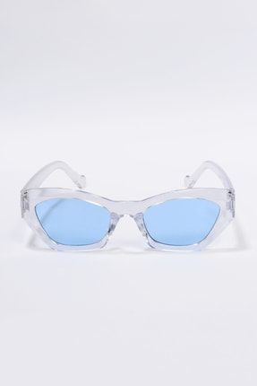 Kadın Mavi Camlı Şeffaf Retro Cat Eye Güneş Gözlüğü ZVHRK-2136