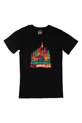 Renkli Berlin İllüstrasyon Siyah Tişört 201805